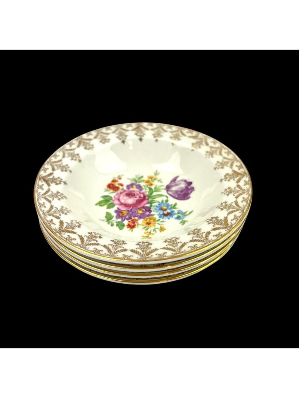 Vintage Edwin M. Knowles 4 Floral Berry BowlsS emi Vitreous Cream Gold Trim